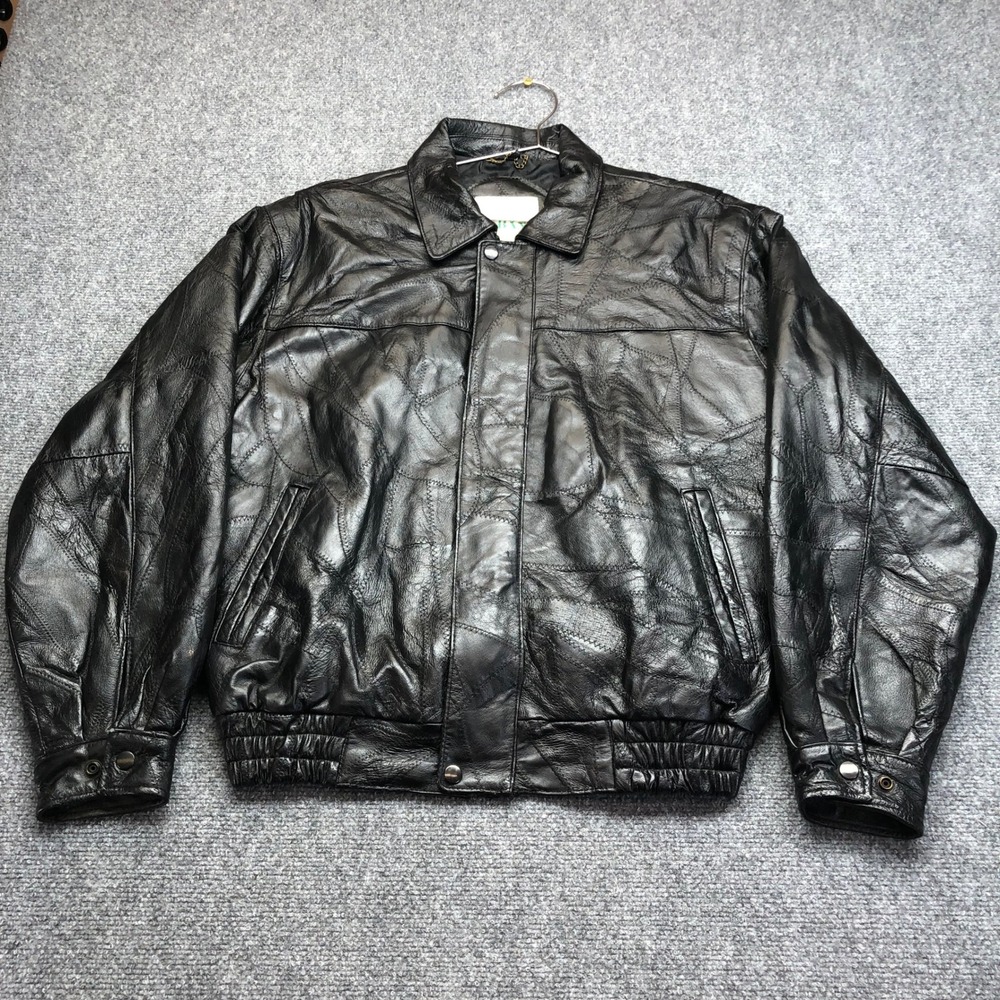 Haband Mens Black Patchwork Leather Bomber Jacket Vintage Style Size M